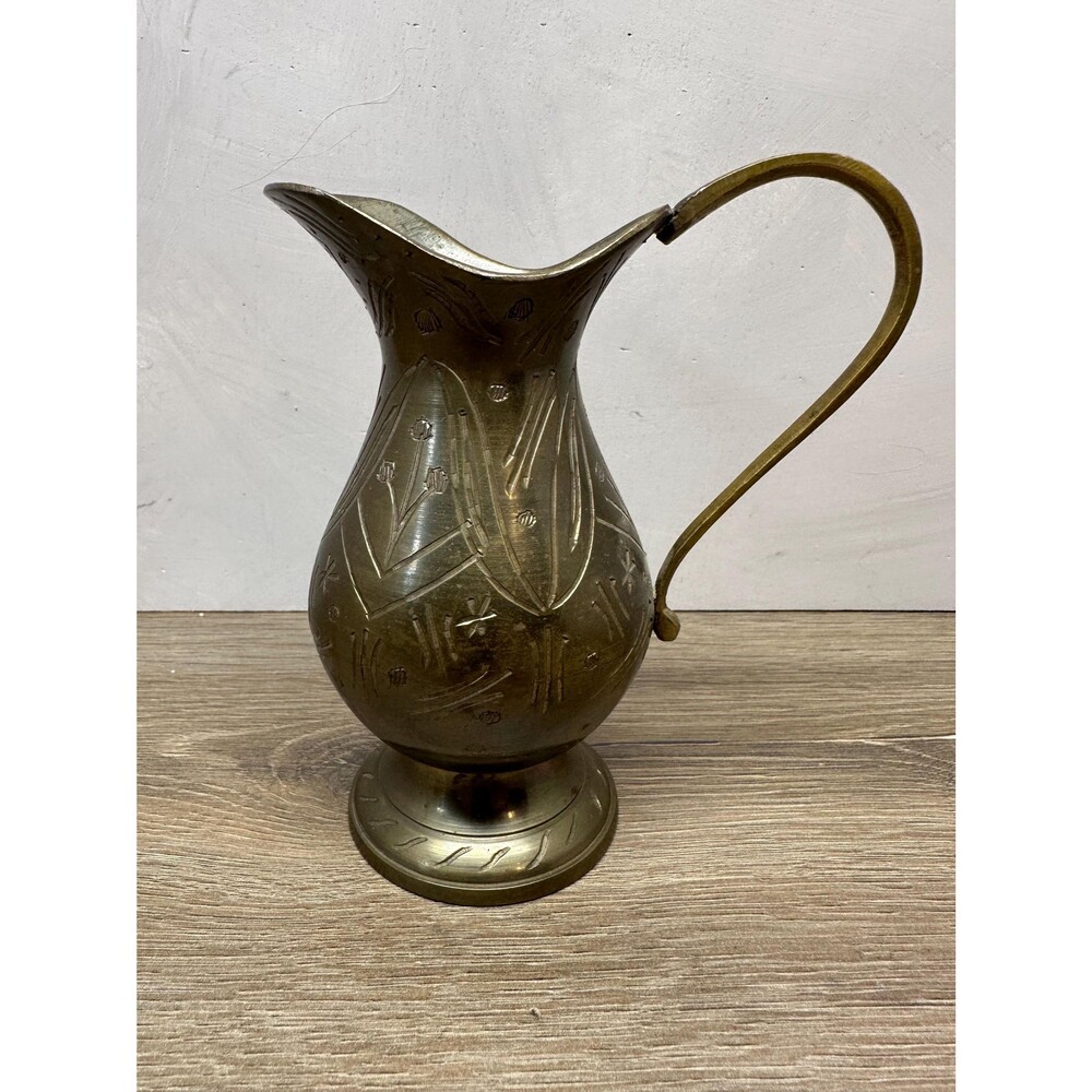 Vintage Brass Hand Etched Pitcher Bud Vase Made in India Aged Patina 5.5"